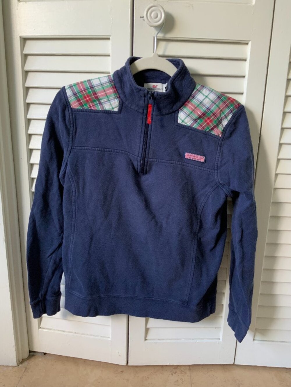 Vineyard Vines Navy 1/4 Zip Sweatshirt Plaid Shoulder Women’s S